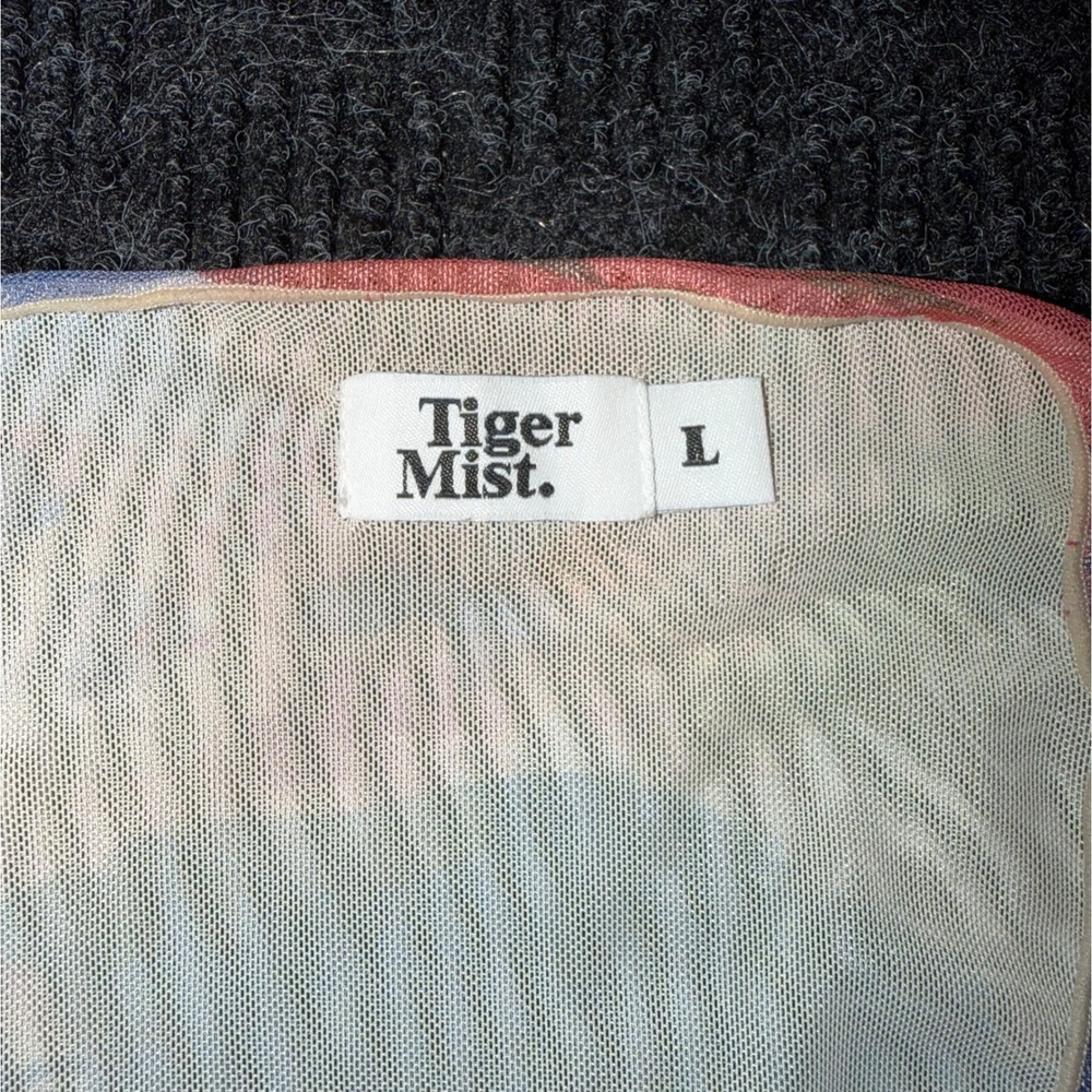 Tiger Mist Mini Dress Womens L Pink Blue Excellent Mesh Floral Script V-Neck Tie - Picture 5 of 9